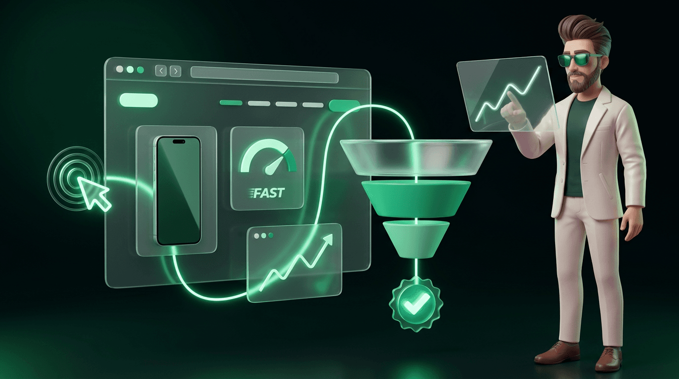 From Click to Customer — MigBiz Studio 3D illustration showing website speed, mobile user experience, analytics, and a glowing multi-stage sales funnel converting website clicks into verified customers