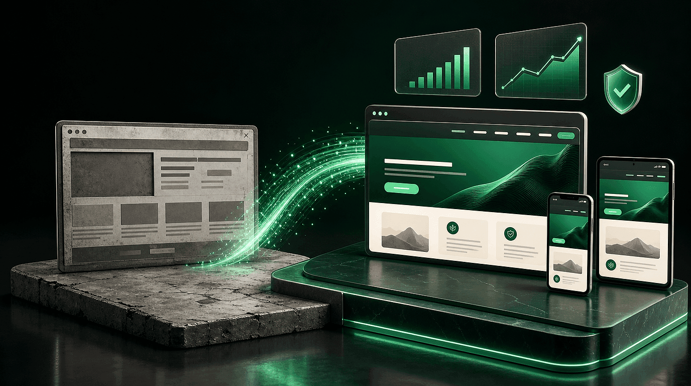 MigBiz Studio case study illustration: an outdated grey website on a weathered stone platform transforming across a glowing emerald ribbon into a modern responsive website on desktop, tablet and mobile, with rising analytics charts and a trust shield